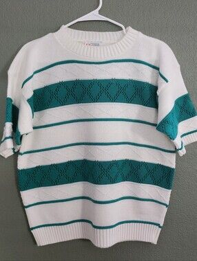 Vintage Cristin Stevens White & Teal Knit Sweater Top | Cottagecore Grandma